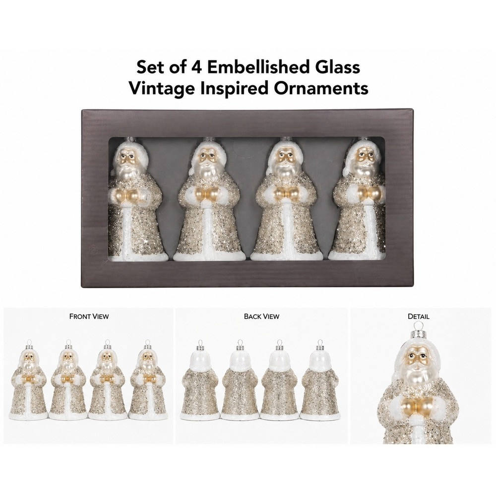 Vintage Inspired Glass Santa Claus Christmas Ornaments Silver Glitter Set of 4